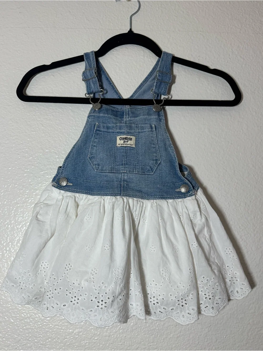 OshKosh B'gosh Denim Bib and White Eyelet Skirt Overalls